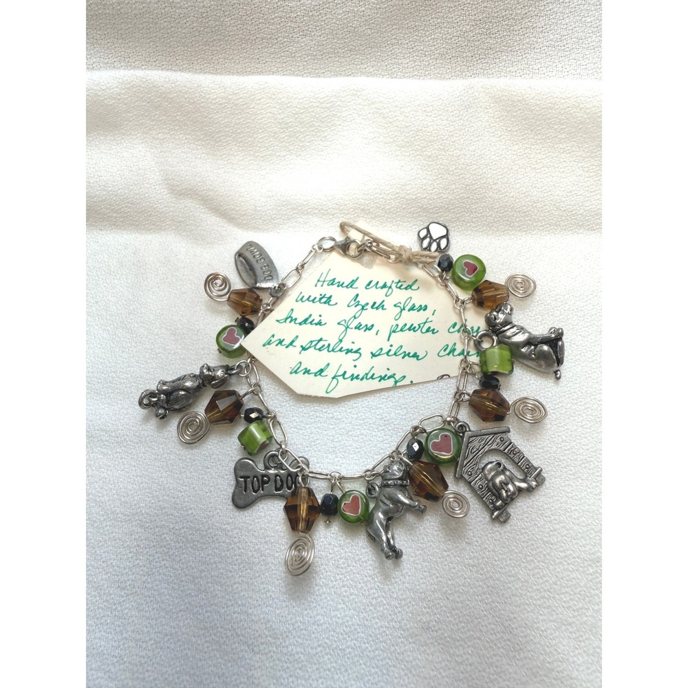 Sterling Silver Dog Lover Czech Glass Pewter Charm Bracelet NWOT